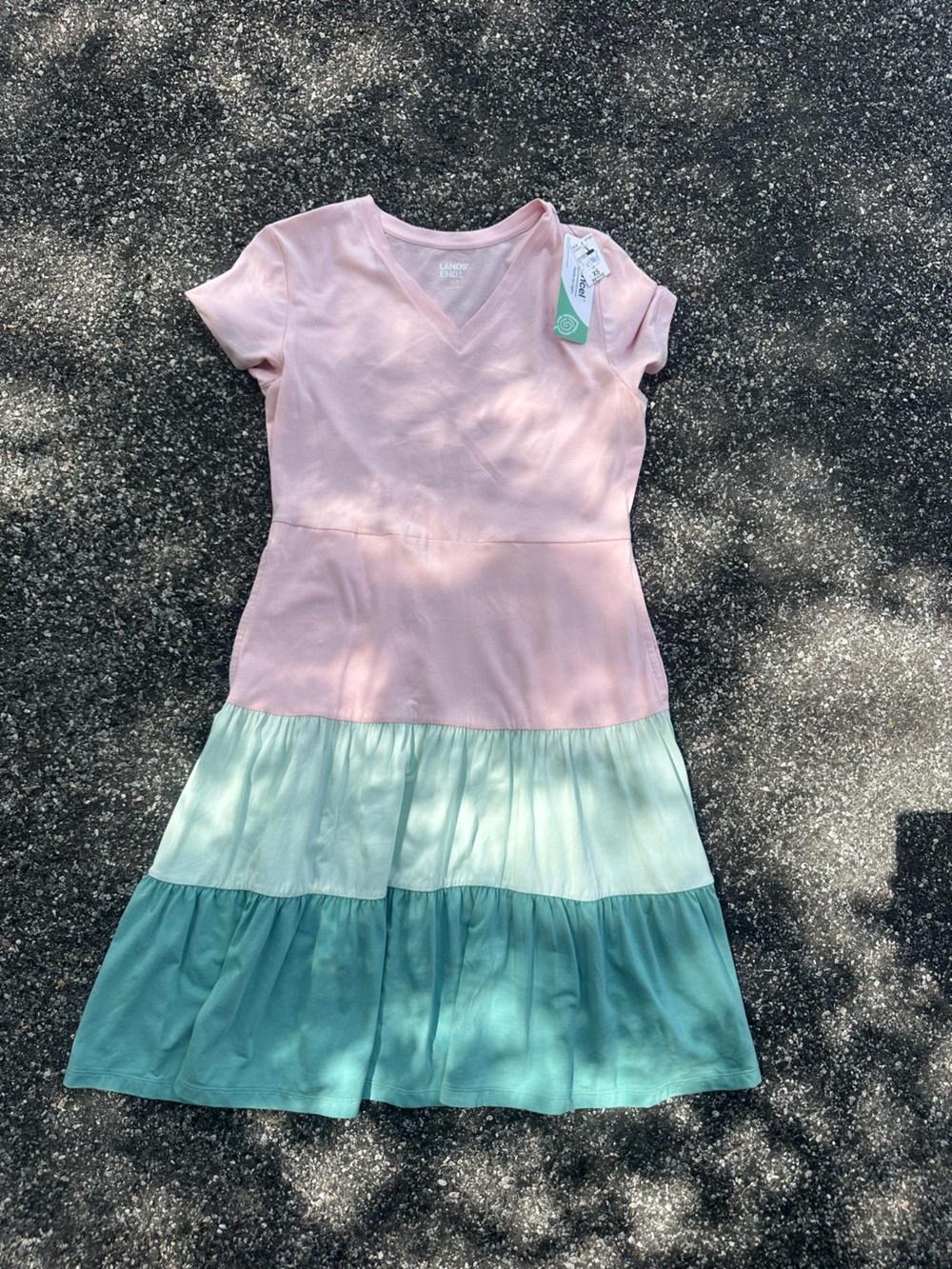 Lands' End Pink Bodice with Aqua and Teal Tiered Skirt Maxi Dress